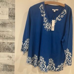 Chico's Cotton Royal Blue V-Neck Tunic with White Floral Design Size 3=XL